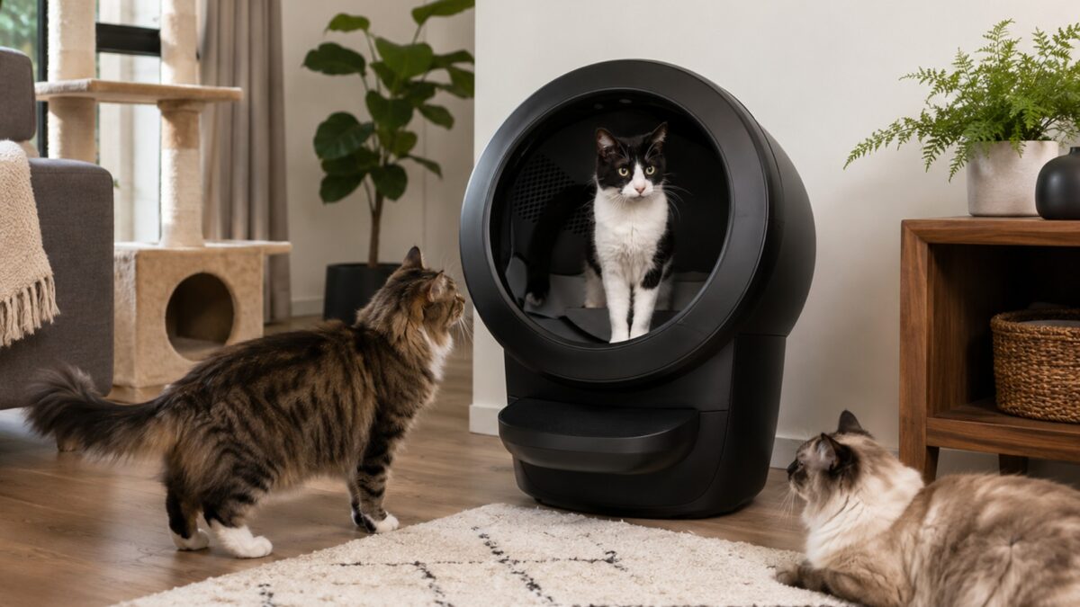 Self-cleaning litter box in a multi-cat home with three cats nearby